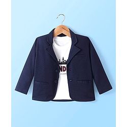 Babyhug Woven Full Sleeves Solid Blazer with T-Shirt - Navy Blue