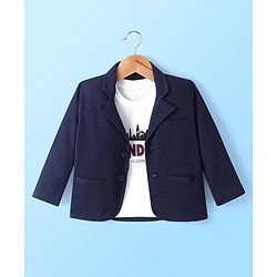 Babyhug Woven Full Sleeves Solid Blazer with T-Shirt - Navy Blue