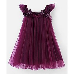 Babyhug Sleeveless A Line Mesh Party Frock With Bow Applique - Aubergine
