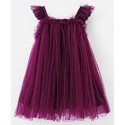 Babyhug Sleeveless A Line Mesh Party Frock With Bow Applique - Aubergine
