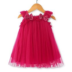 Babyhug Sleeveless Bow with Sequins Detailing Aline Mesh Party Frock - Dark Pink