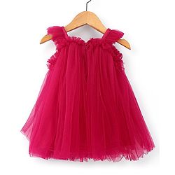 Babyhug Sleeveless Bow with Sequins Detailing Aline Mesh Party Frock - Dark Pink