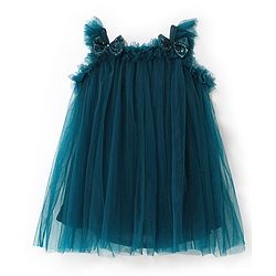 Babyhug Singlet Sleeves Mesh & Bow Detailing A-Line Party Frock - Teal Blue