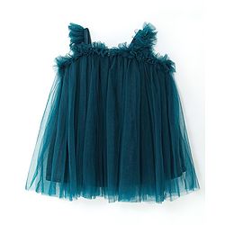 Babyhug Singlet Sleeves Mesh & Bow Detailing A-Line Party Frock - Teal Blue