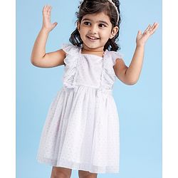Babyhug Woven Frill Sleeves Party Dress with Sequin & Bow Detailing - White
