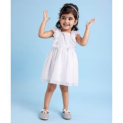 Babyhug Woven Frill Sleeves Party Dress with Sequin & Bow Detailing - White