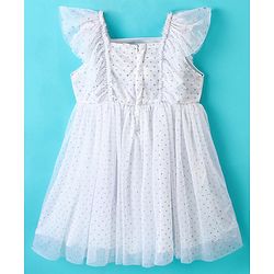 Babyhug Woven Frill Sleeves Party Dress with Sequin & Bow Detailing - White