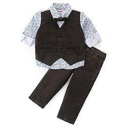 Babyhug Woven Full Sleeves Shirt with Attached Corduroy Waist Coat & Trouser Set - Olive Green