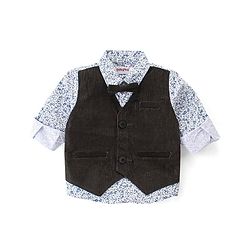 Babyhug Woven Full Sleeves Shirt with Attached Corduroy Waist Coat & Trouser Set - Olive Green