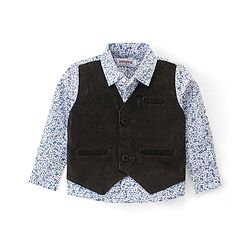 Babyhug Woven Full Sleeves Shirt with Attached Corduroy Waist Coat & Trouser Set - Olive Green