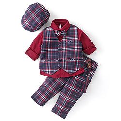 Babyhug Woven Full Sleeves Checkered Party Suit with Cap Bow Tie & Suspenders - Red & Navy Blue