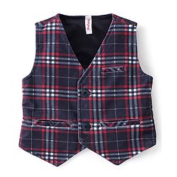 Babyhug Woven Full Sleeves Checkered Party Suit with Cap Bow Tie & Suspenders - Red & Navy Blue