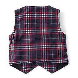 Babyhug Woven Full Sleeves Checkered Party Suit with Cap Bow Tie & Suspenders - Red & Navy Blue