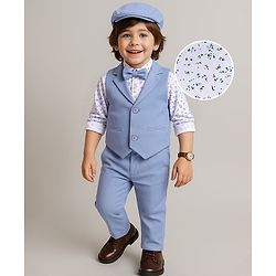 Babyhug Woven Full Sleeves Floral Print Party Suit with Bow & Cap - Ice Blue & White