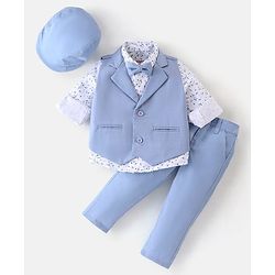 Babyhug Woven Full Sleeves Floral Print Party Suit with Bow & Cap - Ice Blue & White