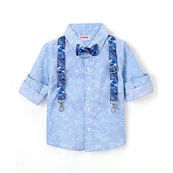 Babyhug Full Sleeves Party Wear Shirt with Bow & Suspender Floral Print - Blue