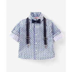 Babyhug Full Sleeves Party Shirt with Bow & Suspender Bird Print - Blue