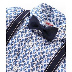 Babyhug Full Sleeves Party Shirt with Bow & Suspender Bird Print - Blue