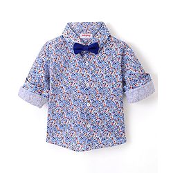 Babyhug Full Sleeves Party Wear Shirt with Bow Floral Print - Blue