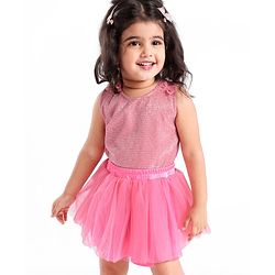Babyhug Sleeveless Party Wear Skirt & Top Set With Bow Applique - Pink