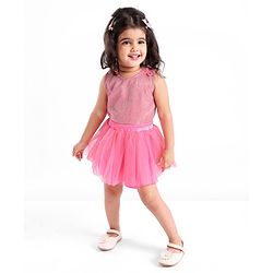Babyhug Sleeveless Party Wear Skirt & Top Set With Bow Applique - Pink