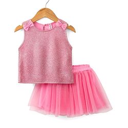 Babyhug Sleeveless Party Wear Skirt & Top Set With Bow Applique - Pink