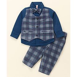 Babyhug Cotton Full Sleeves Party Wear Suit With Blazer Checkered - Navy Blue