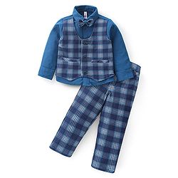 Babyhug Cotton Full Sleeves Party Wear Suit With Blazer Checkered - Navy Blue