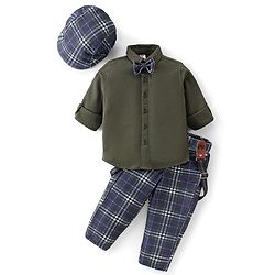 Babyhug Full Sleeves Solid Colour Shirt with Checks Trouser Cap Bow & Suspenders Set - Green & Navy Blue