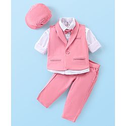 Babyhug Knit Full Sleeves Solid Color Party Suit with Stretch Waistcoat & Cap -  Pink & White