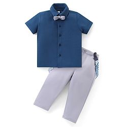 Babyhug Woven Half Sleeves Solid Shirt & Trouser Set with Bow Tie & Suspender - Blue & Grey