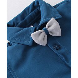 Babyhug Woven Half Sleeves Solid Shirt & Trouser Set with Bow Tie & Suspender - Blue & Grey