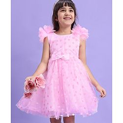 Babyhug Woven Sleeveless Party Frock Sequinned Detailing with Bow Applique - Pink