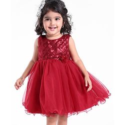 Babyhug Sleeveless Party Frock With Sequin Embroidery & Floral Corsage- Red