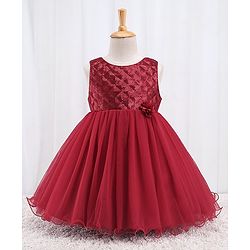 Babyhug Sleeveless Party Frock With Sequin Embroidery & Floral Corsage- Red