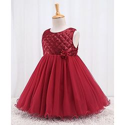 Babyhug Sleeveless Party Frock With Sequin Embroidery & Floral Corsage- Red