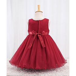 Babyhug Sleeveless Party Frock With Sequin Embroidery & Floral Corsage- Red