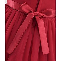 Babyhug Sleeveless Party Frock With Sequin Embroidery & Floral Corsage- Red
