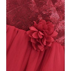 Babyhug Sleeveless Party Frock With Sequin Embroidery & Floral Corsage- Red