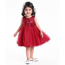 Babyhug Sleeveless Party Frock With Sequin Embroidery & Floral Corsage- Red