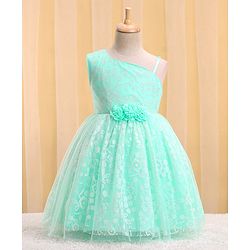Babyhug Woven Sleeveless Party Frock with Floral Corsage & Glitter Print - Mint