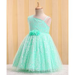 Babyhug Woven Sleeveless Party Frock with Floral Corsage & Glitter Print - Mint