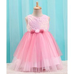 Babyhug Woven Sleeveless Sequined Party Dress with Floral Corsage & Net Detailing - Dusty Pink