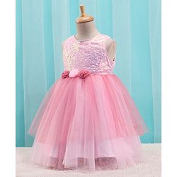 Babyhug Woven Sleeveless Sequined Party Dress with Floral Corsage & Net Detailing - Dusty Pink