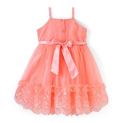 Babyhug Sleeveless Floral Lace & Mesh Party Frock - Peach