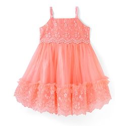 Babyhug Sleeveless Floral Lace & Mesh Party Frock - Peach