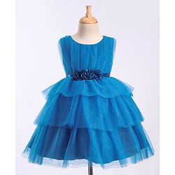 Babyhug Sleeveless Mesh Layered Glittery Party Frock with Floral Corsage - Dark Blue