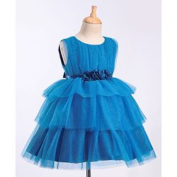 Babyhug Sleeveless Mesh Layered Glittery Party Frock with Floral Corsage - Dark Blue
