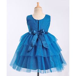 Babyhug Sleeveless Mesh Layered Glittery Party Frock with Floral Corsage - Dark Blue
