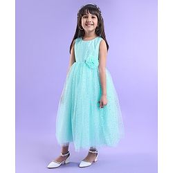 Babyhug Sleeveless Party Frock With Foil Print & Floral Corsage- Mint
